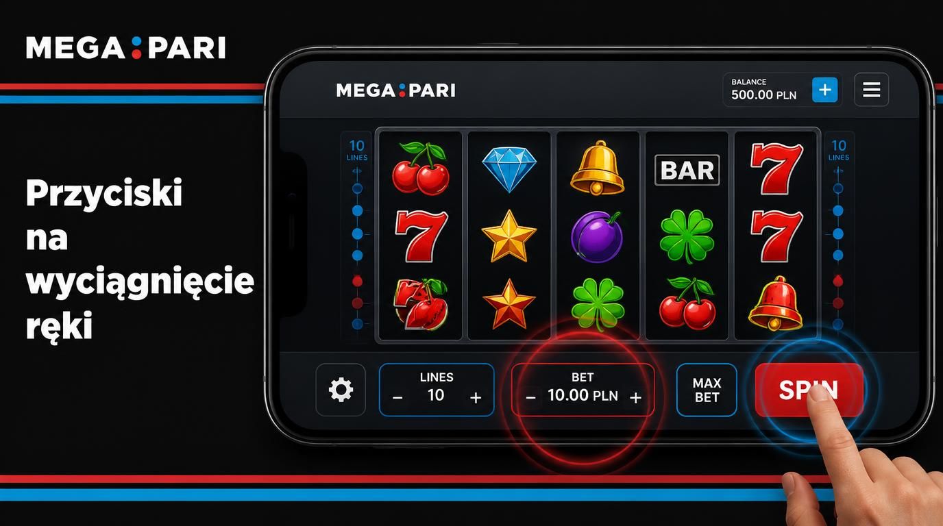Wyraźne przyciski Spin i Bet na ekranie telefonu.