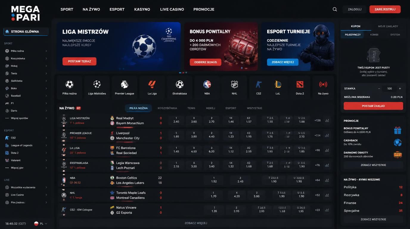 Interfejs przedstawiający ofertę sportową: piłka nożna, koszykówka, e-sport, rynki niszowe.