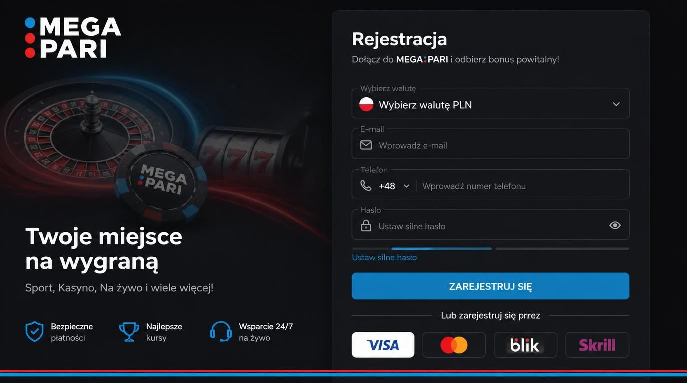 ekran formularza rejestracji Megapari z opcją PLN i silnym hasłem