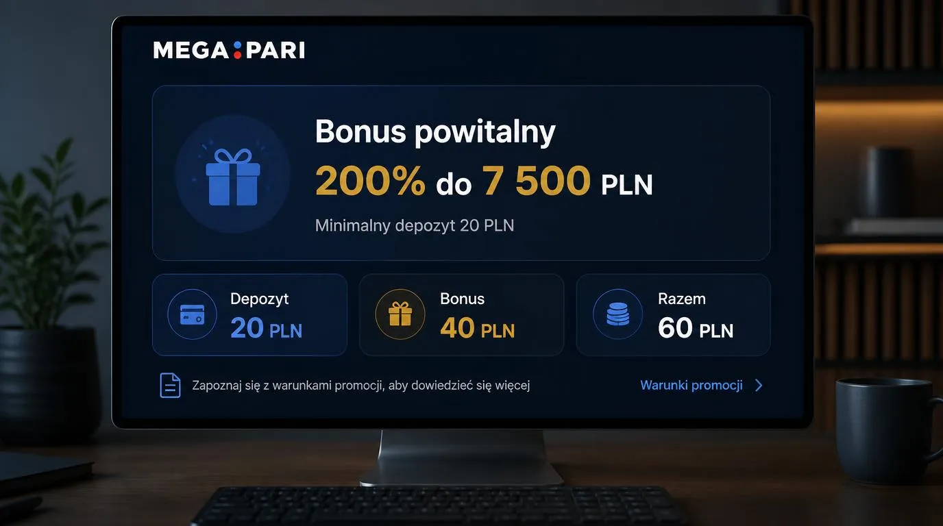 Panel bonusu powitalnego 200% do 7 500 PLN z minimalnym depozytem 20 PLN i przykładem salda 60 PLN