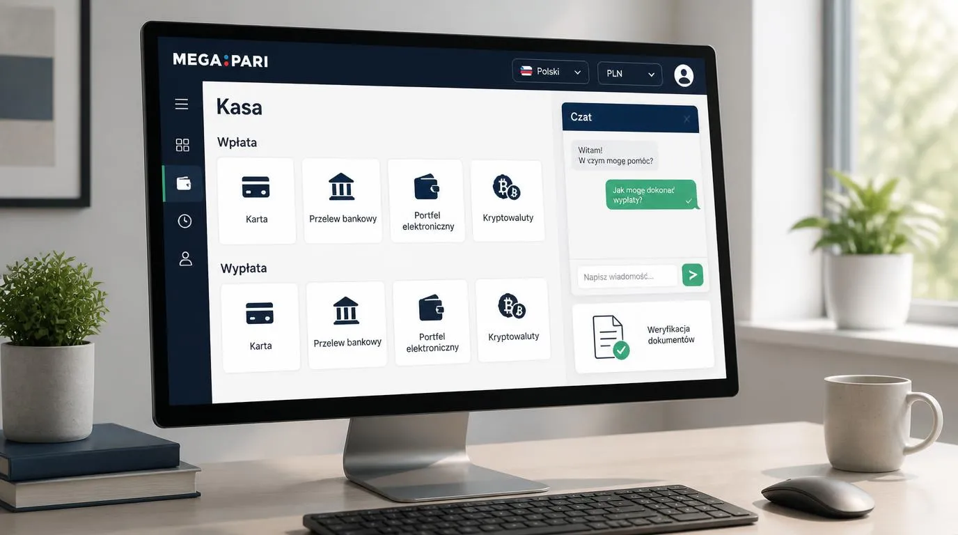 Panel kasowy w języku polskim z saldem PLN, metodami płatności i przyciskiem czatu