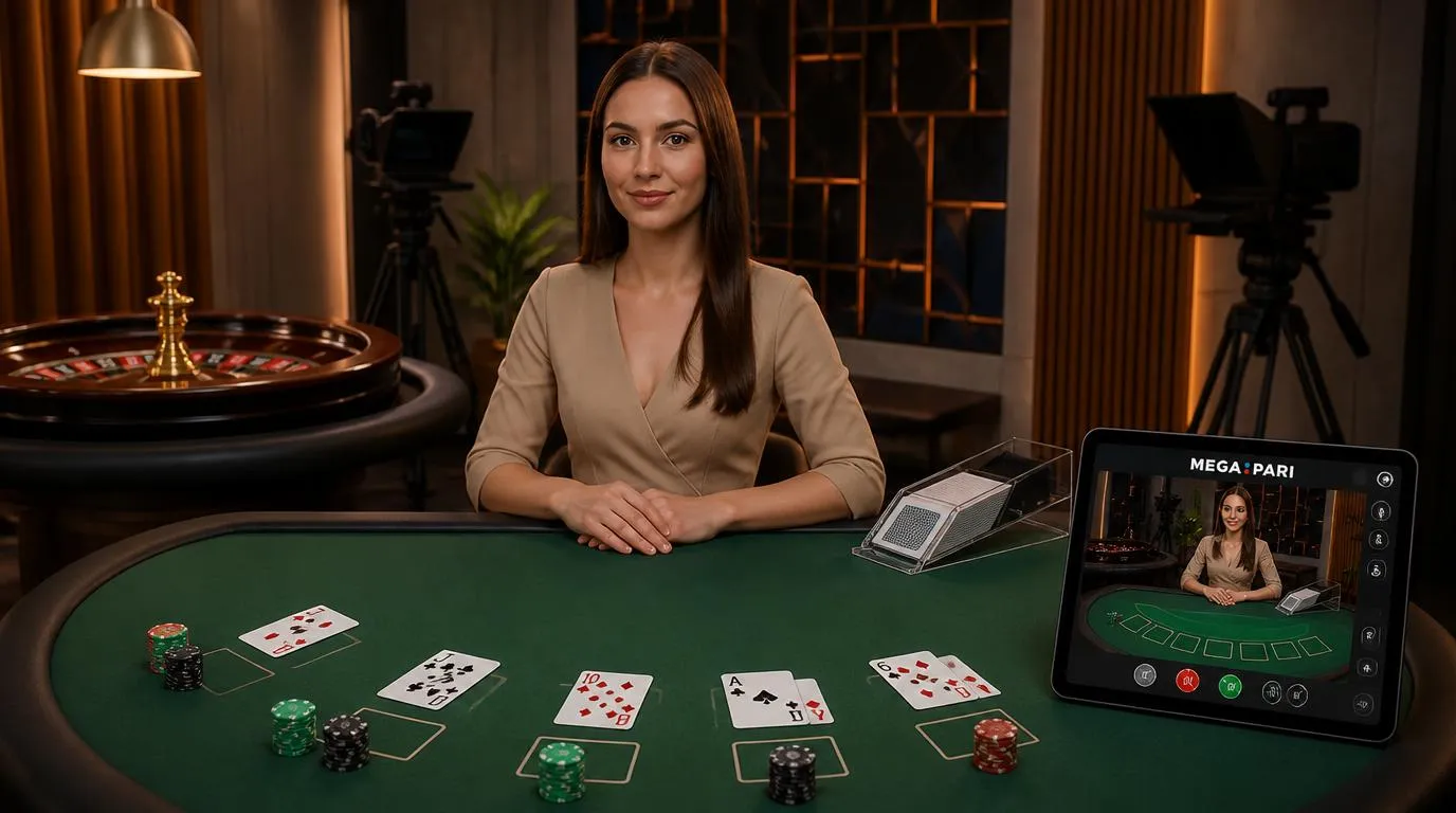 Krupier przy stole blackjacka w studiu kasyna na żywo, obok koło ruletki i ekran wyboru zakładów